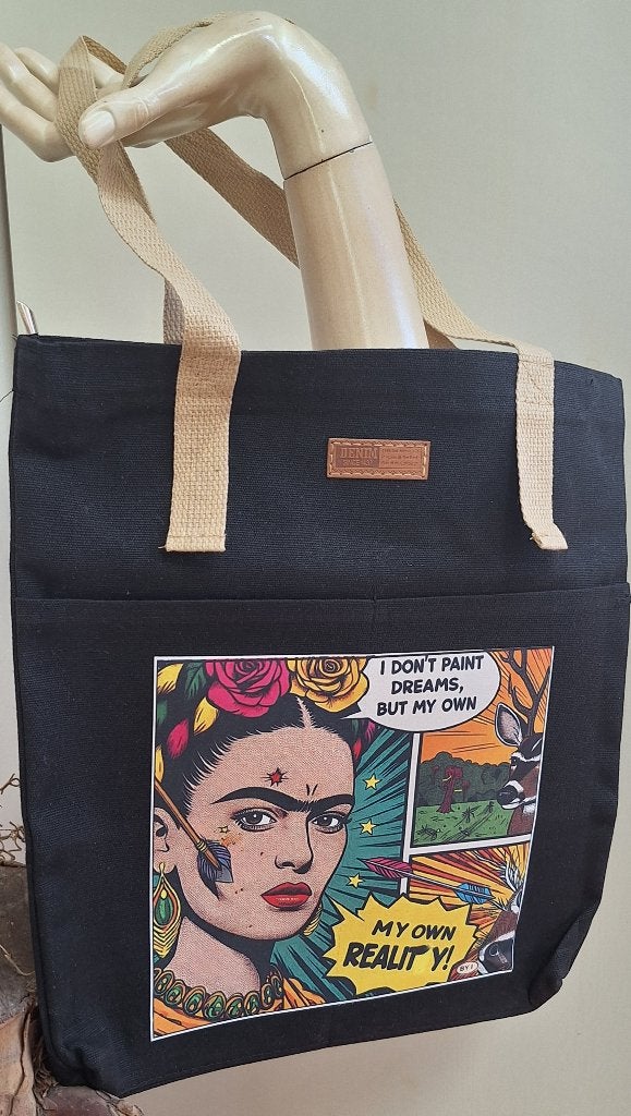 Frida Kahlo geïnspireerde zwarte canvas tas, NIEUW, RESTYLED, Sieraden, Tassen en Uiterlijk, Ophalen of Verzenden, Nieuw, Zwart