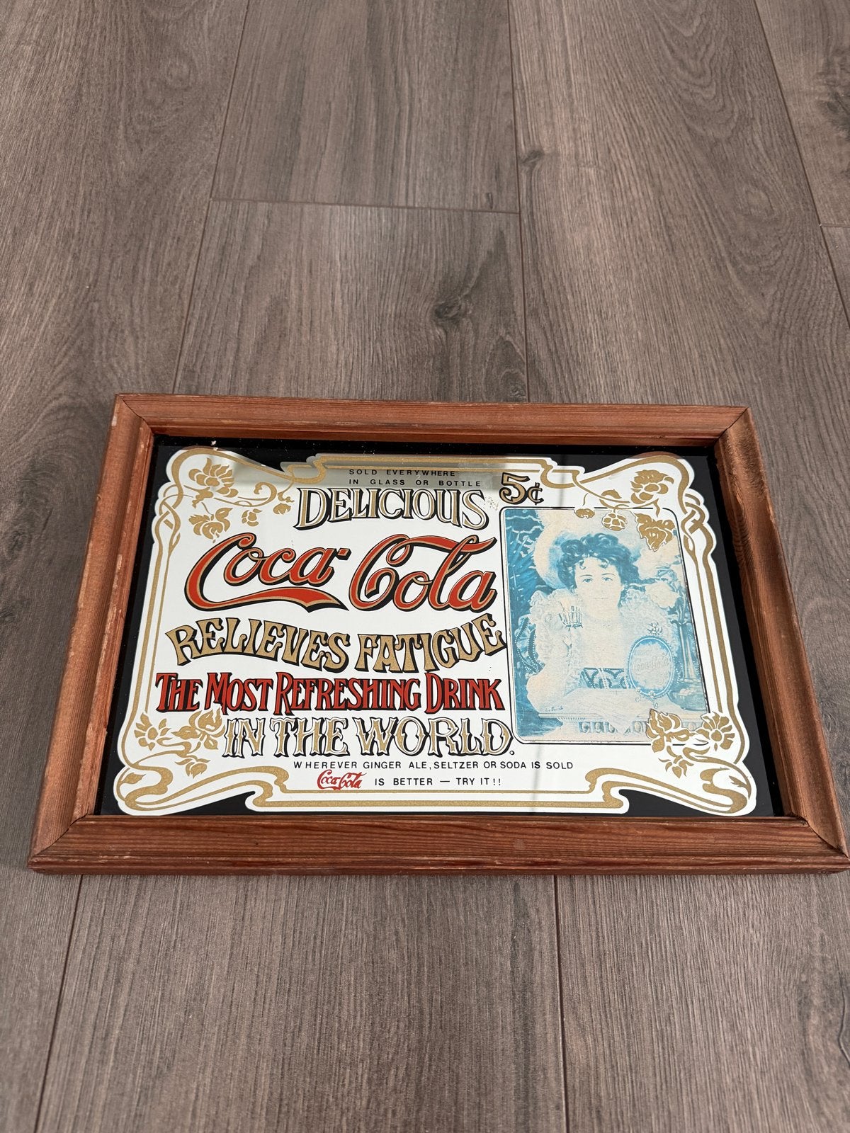 Vintage Coca-Cola spiegel - 'Delicious & Refreshing', Ophalen of Verzenden, Gebruikt, Reclamebord