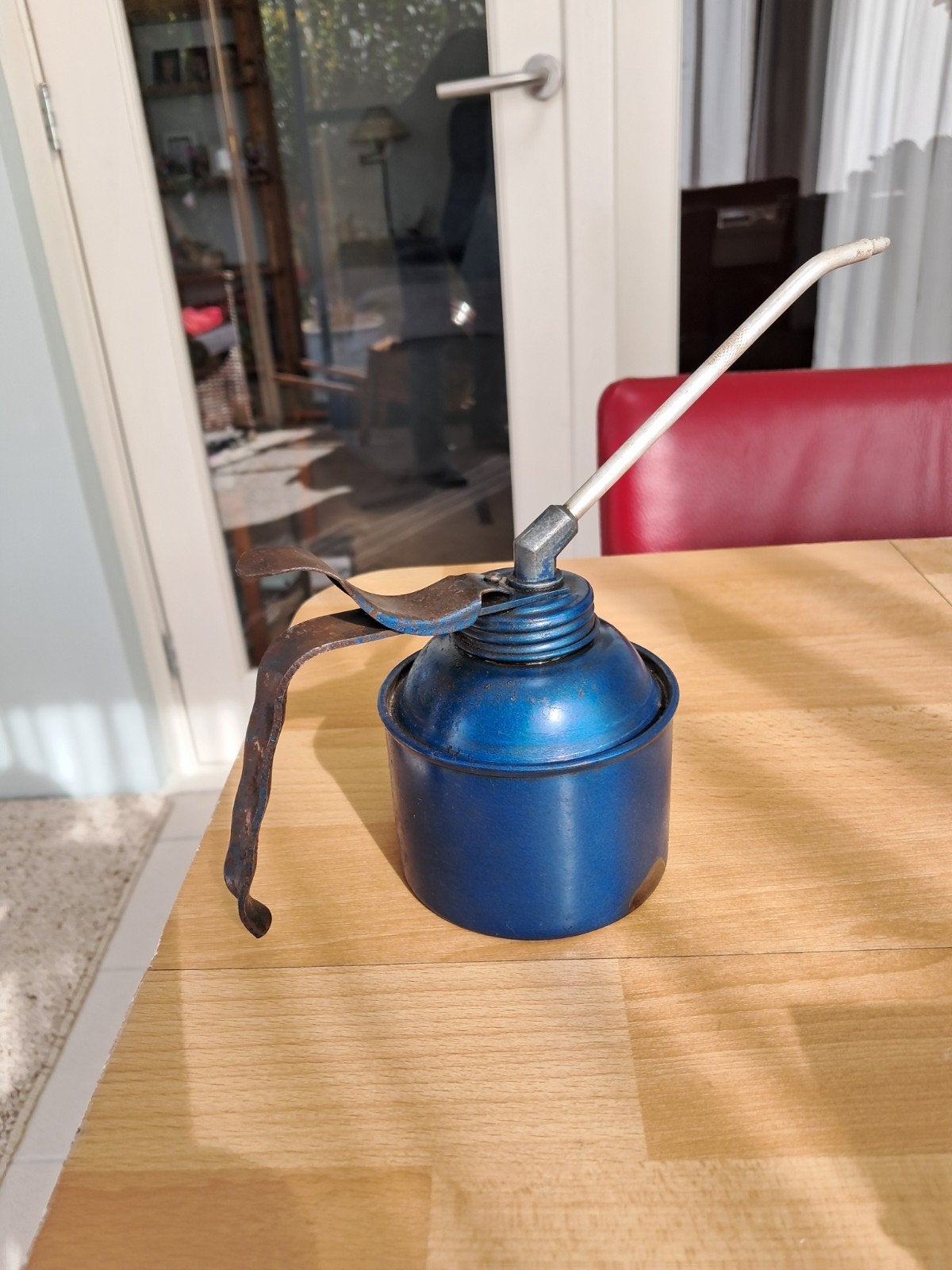 Klassiek blauwe metalen pomp oliespuit,⁷  vintage, Ophalen of Verzenden, Overige typen