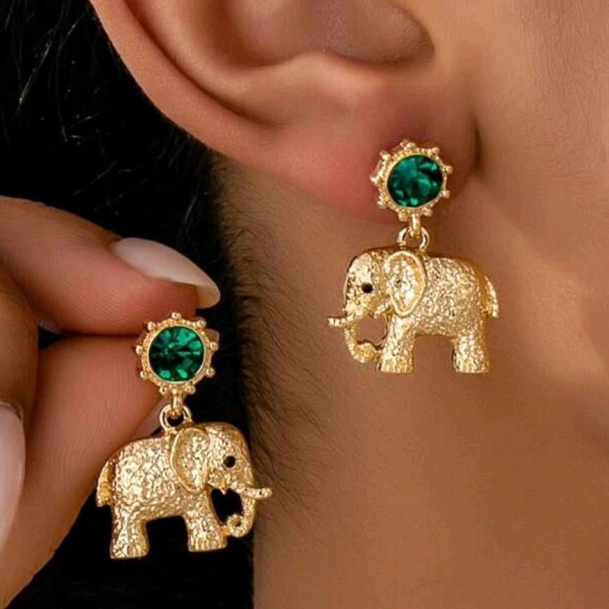 Nieuwe Gouden Olifant Oorbellen met Groene Edelsteen, Ophalen, Hangers, Nieuw, Met edelsteen