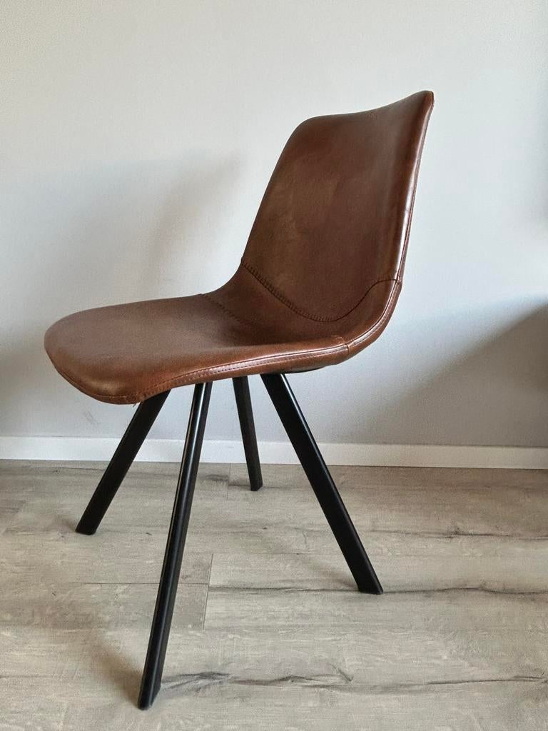 Eetkamerstoelen leerlook | zwart & cognac | modern, Huis en Inrichting, Zwart, Zo goed als nieuw, Ophalen, Strak, modern, industrieel of Scandinavisch interieur