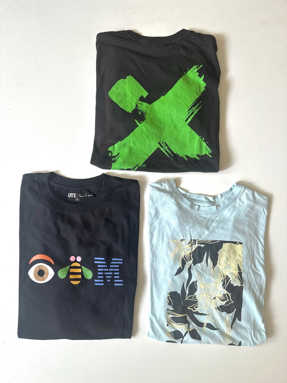 Set van 3 T-shirts: Zwart, Lichtblauw, Diverse Prints, Ophalen of Verzenden, Gedragen, Maat 48/50 (M), Meerkleurig