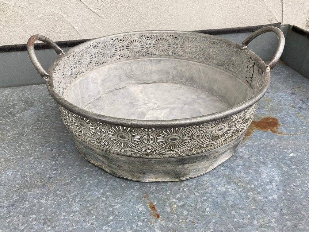 METALEN PLANTENBAK FLOWER DESIGN ROND OLD LOOK NIEUW, Minder dan 30 cm, -, Rond, Ophalen of Verzenden