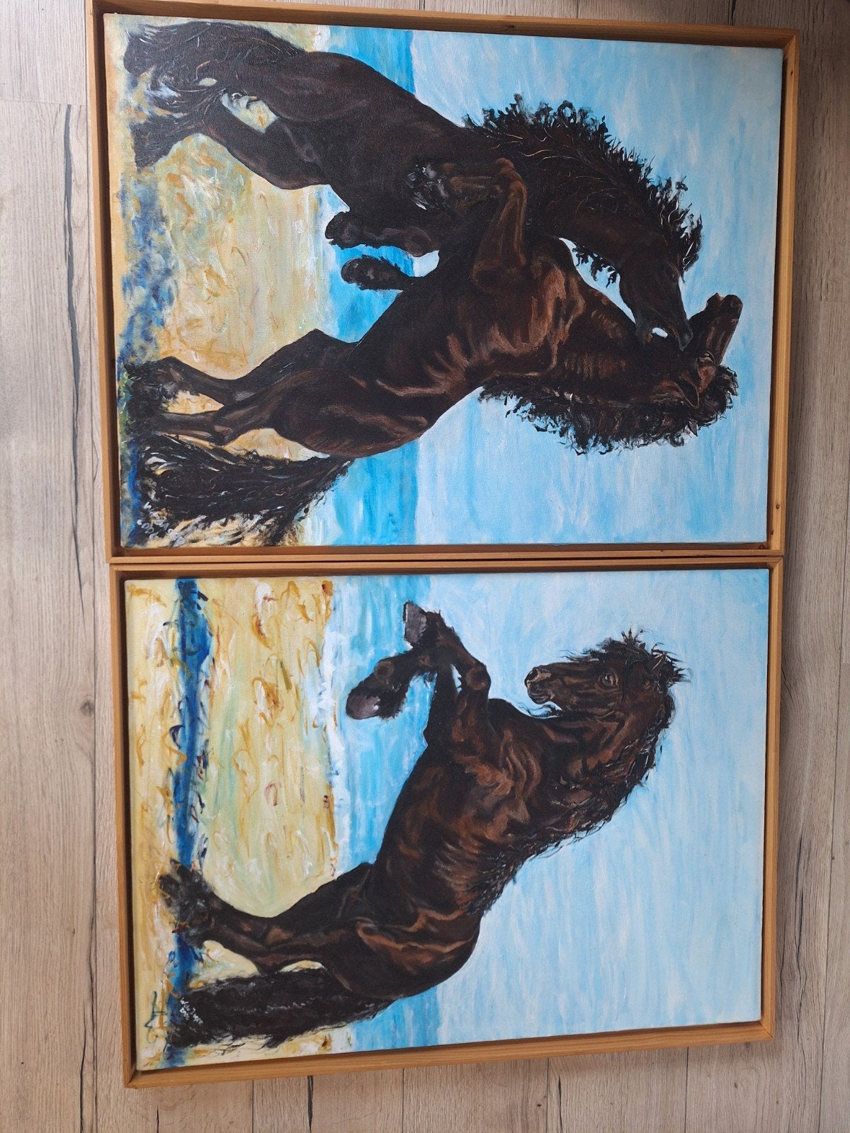 2 Schilderijen Friese Paarden door W. de Jager, Ophalen, Hout, Olieverf, Dieren