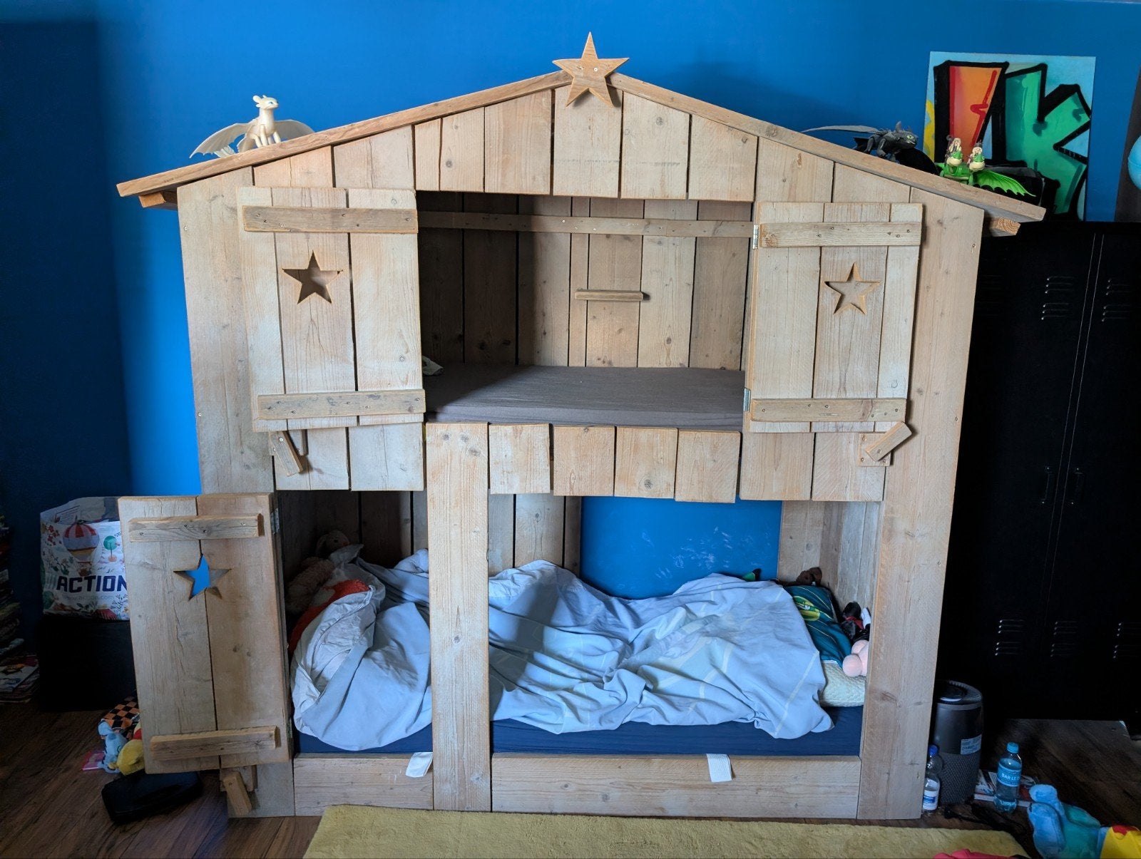 Uniek houten 2 persoons houten bed incl. trap en 2 matrassen, Ophalen, Tweepersoons, 90 cm, Hoogslaper