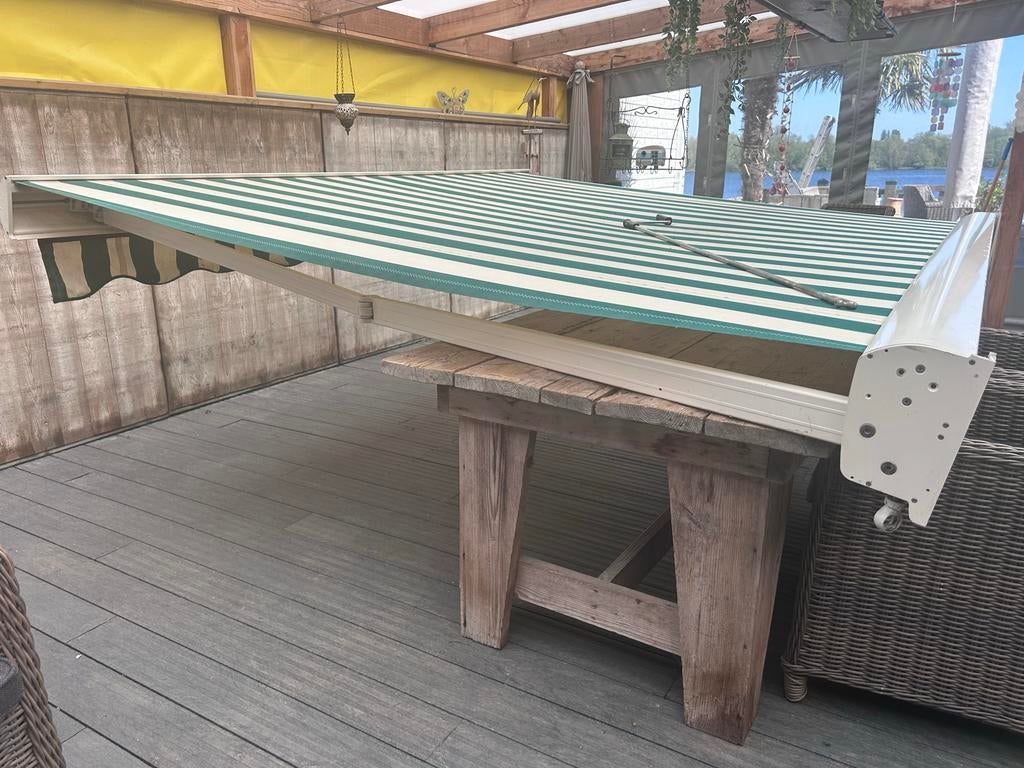 Knikarmscherm groen-wit gestreept, Tuin en Terras, Zonneschermen, Ophalen, Gebruikt, 150 tot 300 cm, 250 cm tot 450 cm