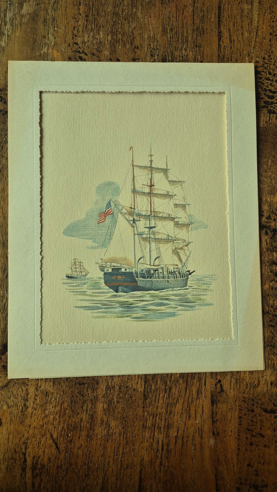 Historische prent van een zeilschip met Amerikaanse vlag, Antiek en Kunst, Ophalen of Verzenden, Met passe-partout, Landschap