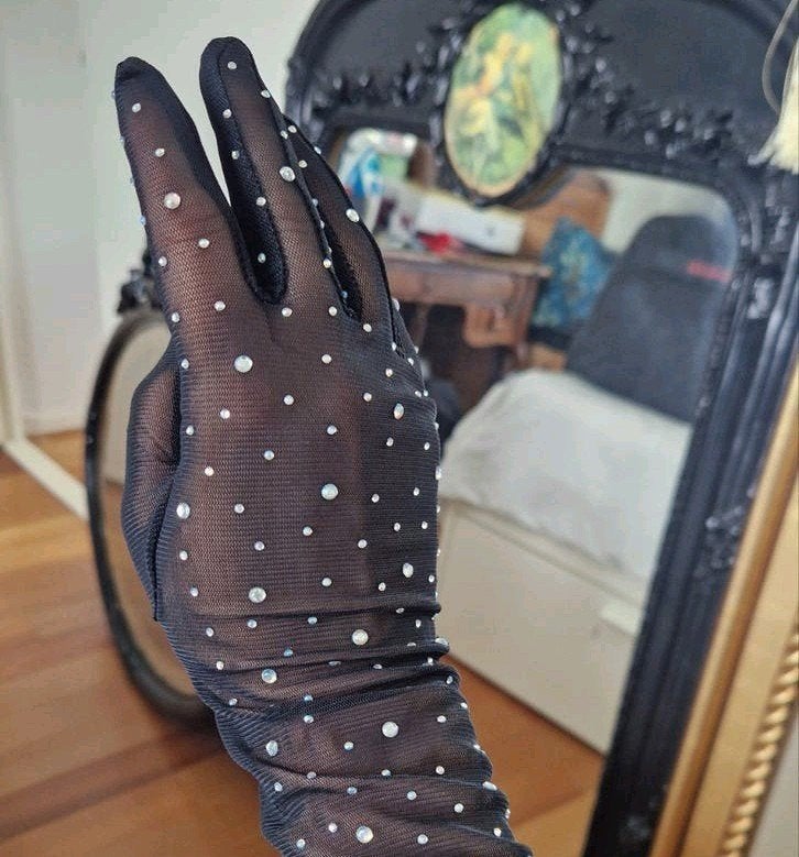 Elegante Zwarte Transparante Avondhandschoenen met Glimmers, Onbekend, Ophalen of Verzenden, Zo goed als nieuw