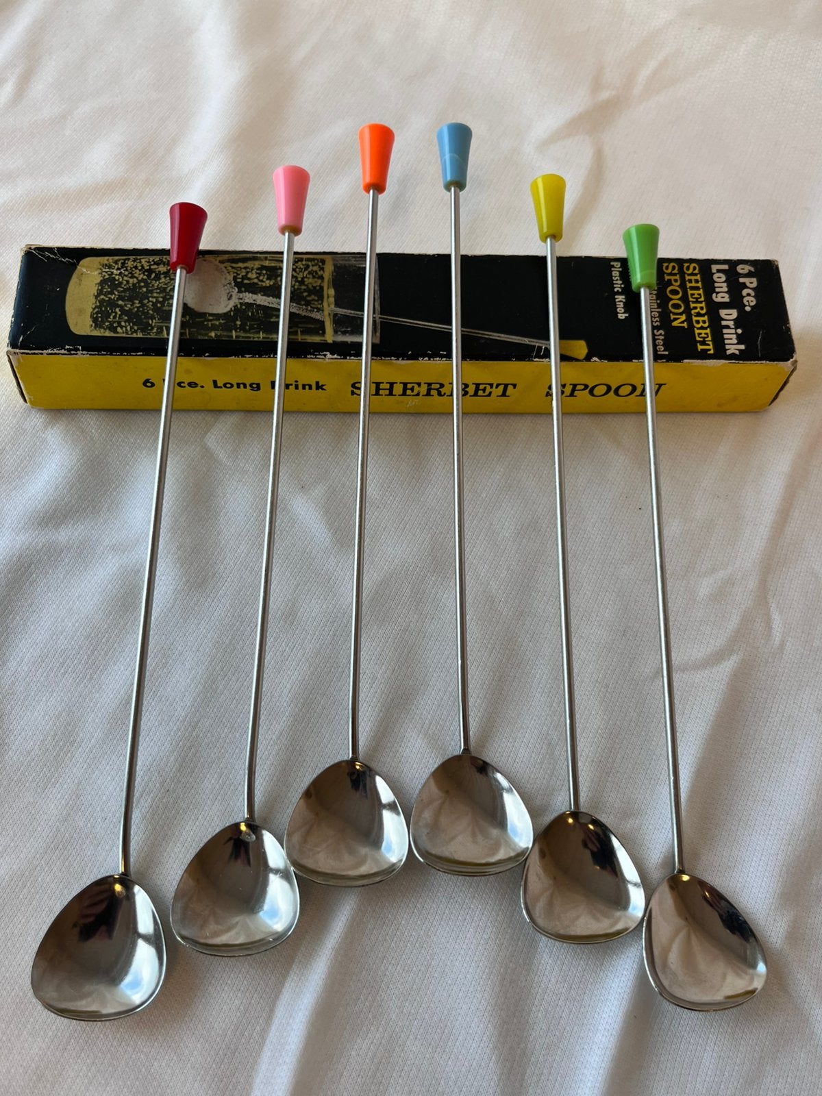 6 vintage sorbetlepels of ijslepels in originele doos, Ophalen of Verzenden, Zo goed als nieuw, Rvs of Chroom