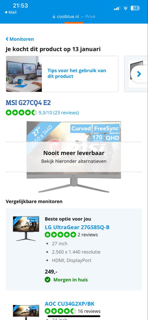 MSI G27CQ4 E2 Gaming Monitor - 27 inch, QHD, 170Hz, Computers en Software, Monitoren, Zo goed als nieuw, 151 t/m 200 Hz, DisplayPort