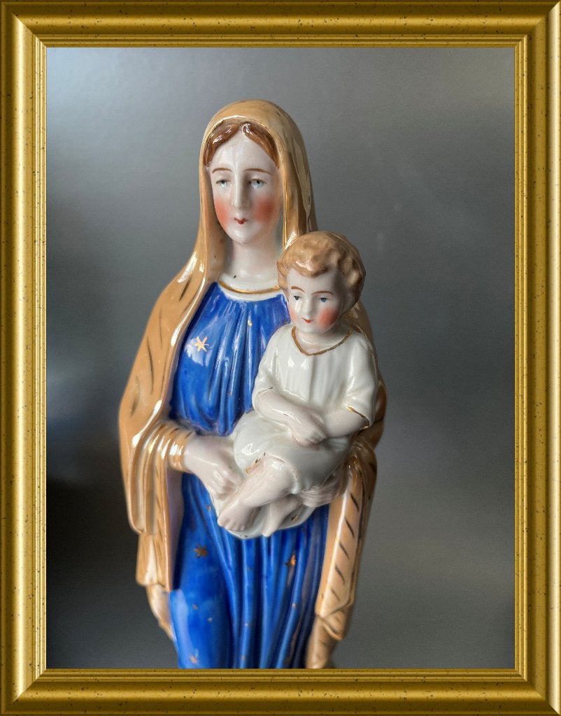 Oud porseleinen Maria met kind beeld, Ophalen of Verzenden