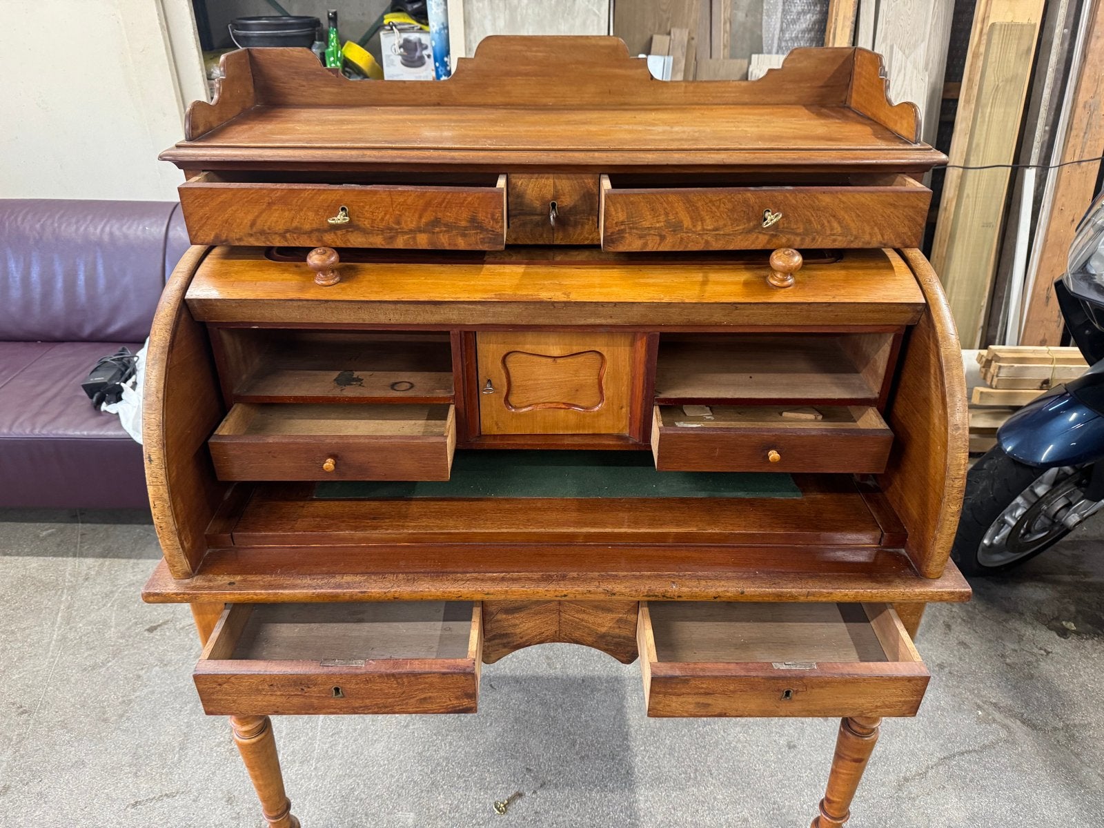 Antieke Secretaire met Roldeksel - Klassieke Houten Bureau, Ophalen of Verzenden, Gebruikt, Klassiek