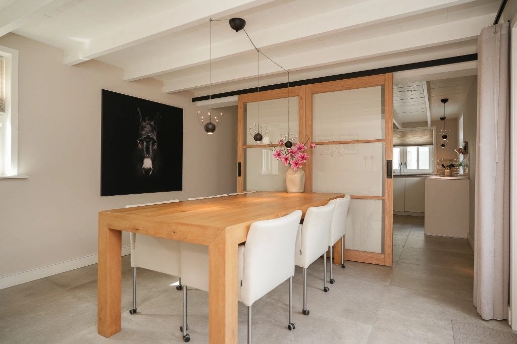 Massief Eiken Eettafel 225 x 100 cm + 6 Lederen Fauteuils, Ophalen, Gebruikt, 100 tot 150 cm, Eikenhout