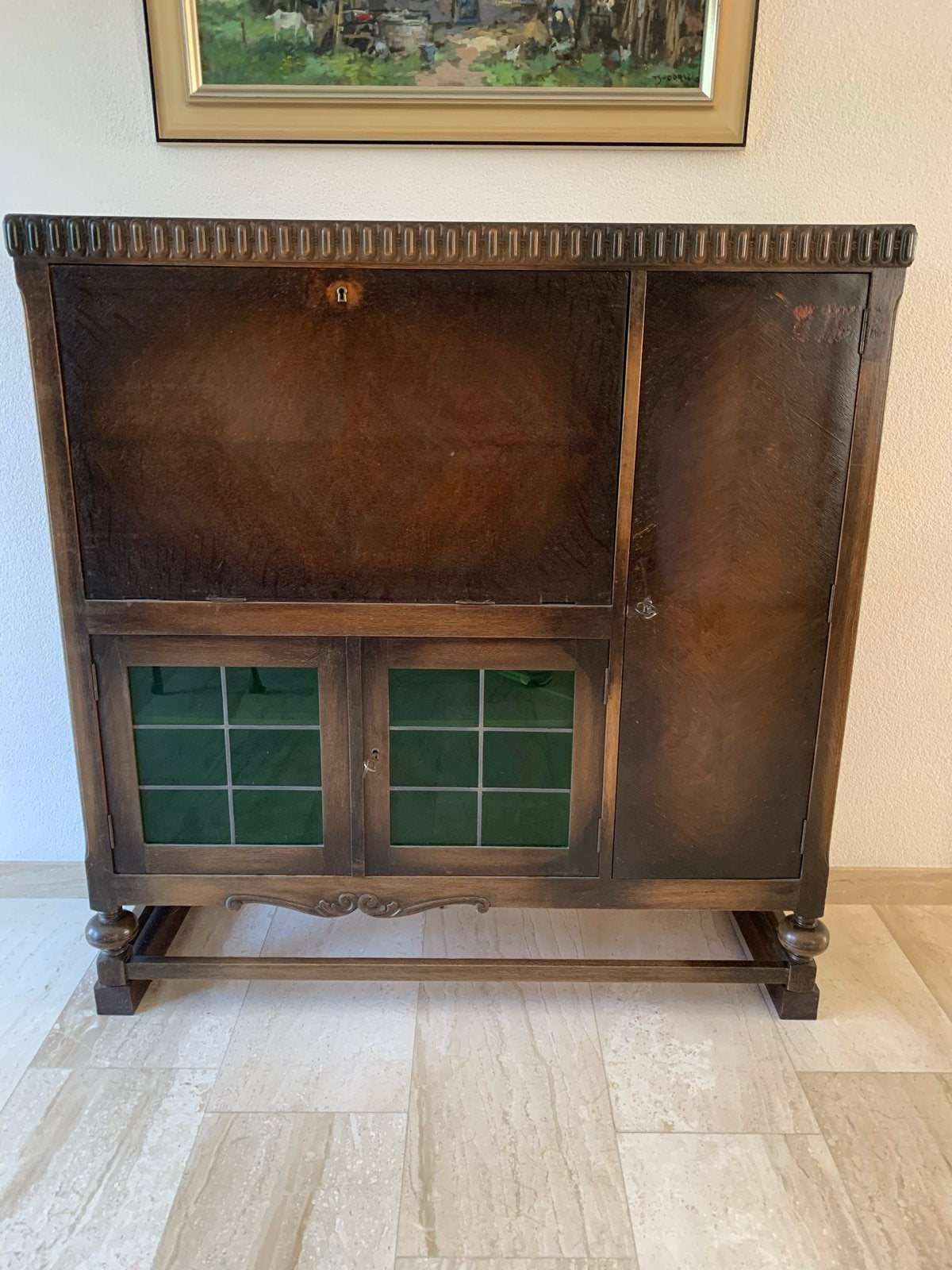 Art Deco Eiken Secretairekast met neerklapbaar Schrijffront, Ophalen