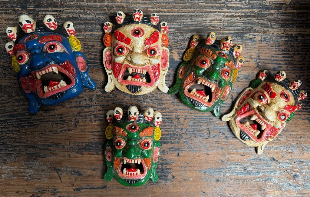 Mahakala masker houtsnijwerk Tibetaans Nepal handwerk, Overige onderwerpen, Minder dan 20 cm, Hout, Azië