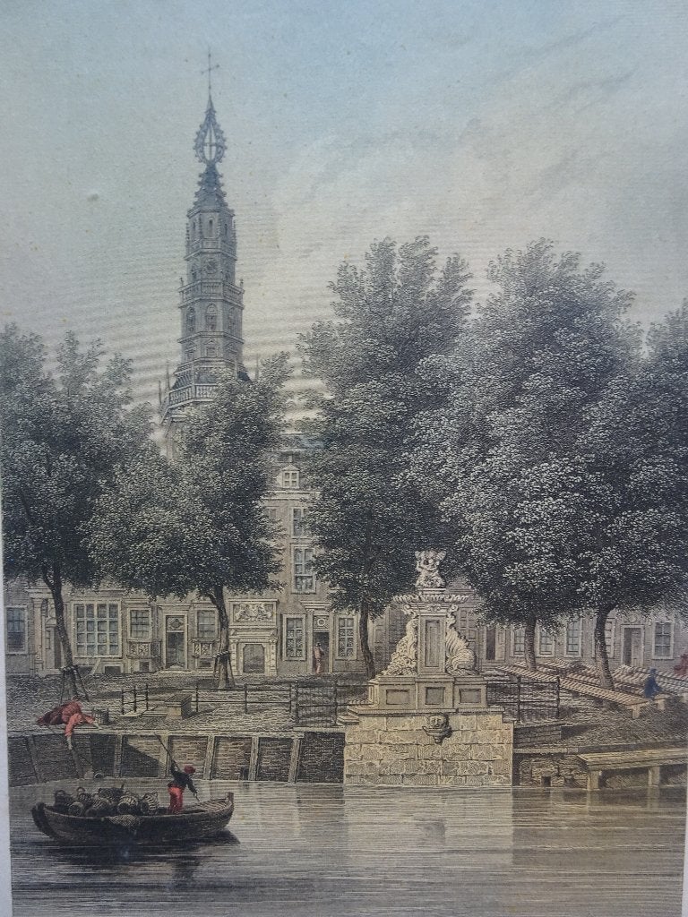 Staalgravure Vismarkt Leiden stadhuistoren, GM Kurz, 1858, 1800 - 1899, Stadsgezicht, Ophalen of Verzenden, Gravure