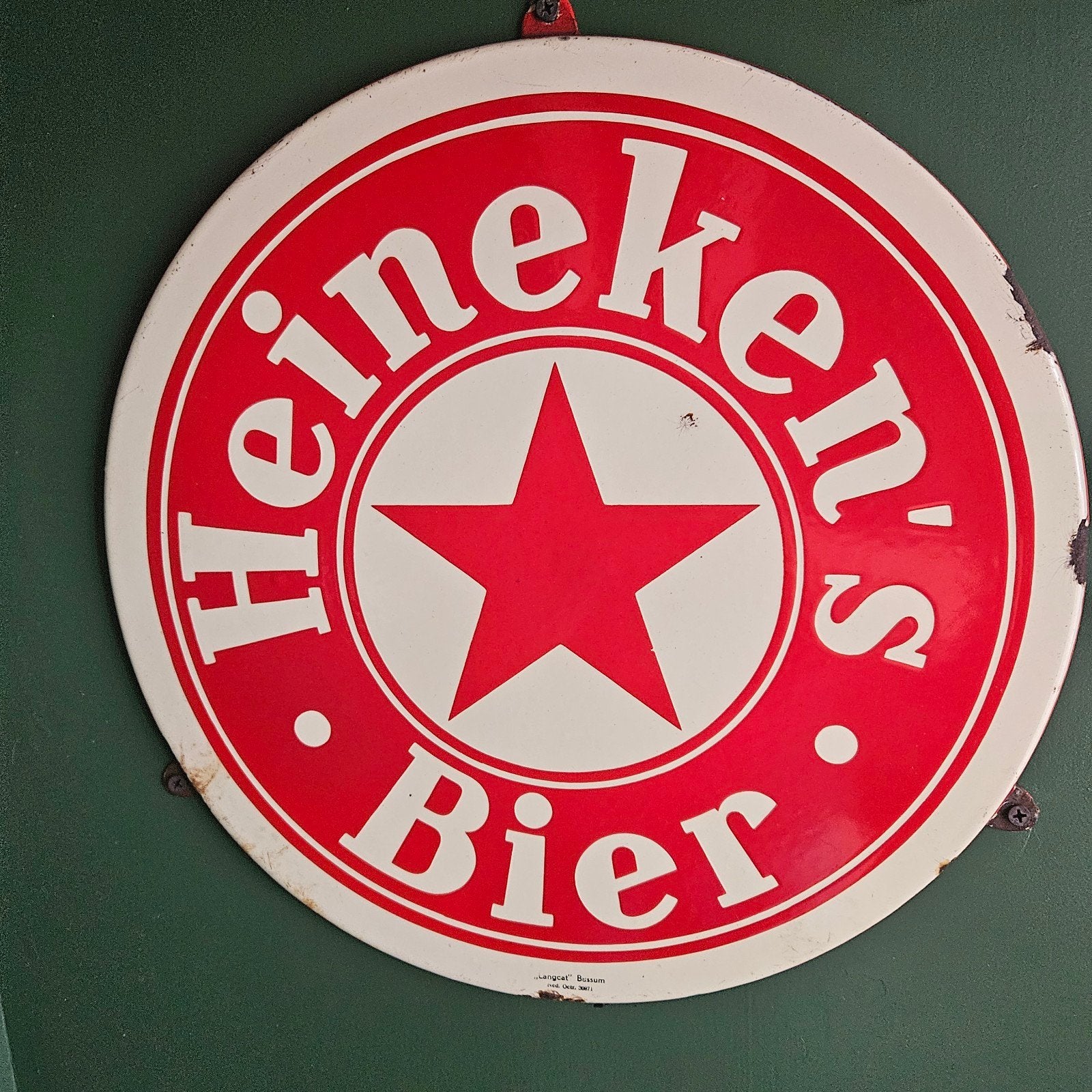 Heineken's emaillereclamebord rond met oortjes 37,5 cm, Verzamelen, Ophalen, Reclamebord, Heineken, Heineken