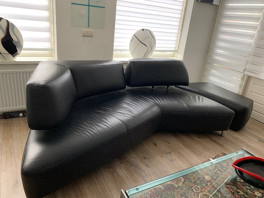 Leolux zwart leren design bank, Ophalen, 100 tot 125 cm, Hoekbank, Leer