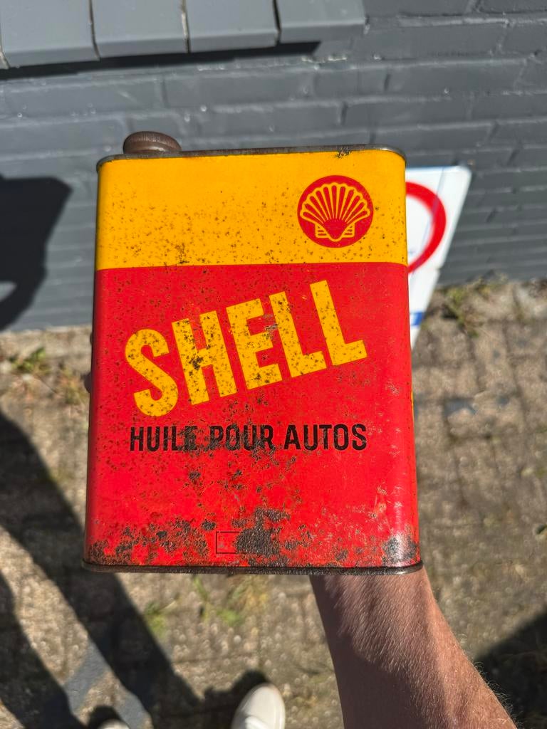 Vintage Shell Olieblik - Huile Pour Autos, Ophalen of Verzenden