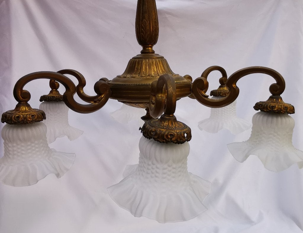 Vintage Brons Kroonluchter lamp 5-arms Matglas Bloemenkap, Huis en Inrichting, Ophalen of Verzenden, Gebruikt, Glas