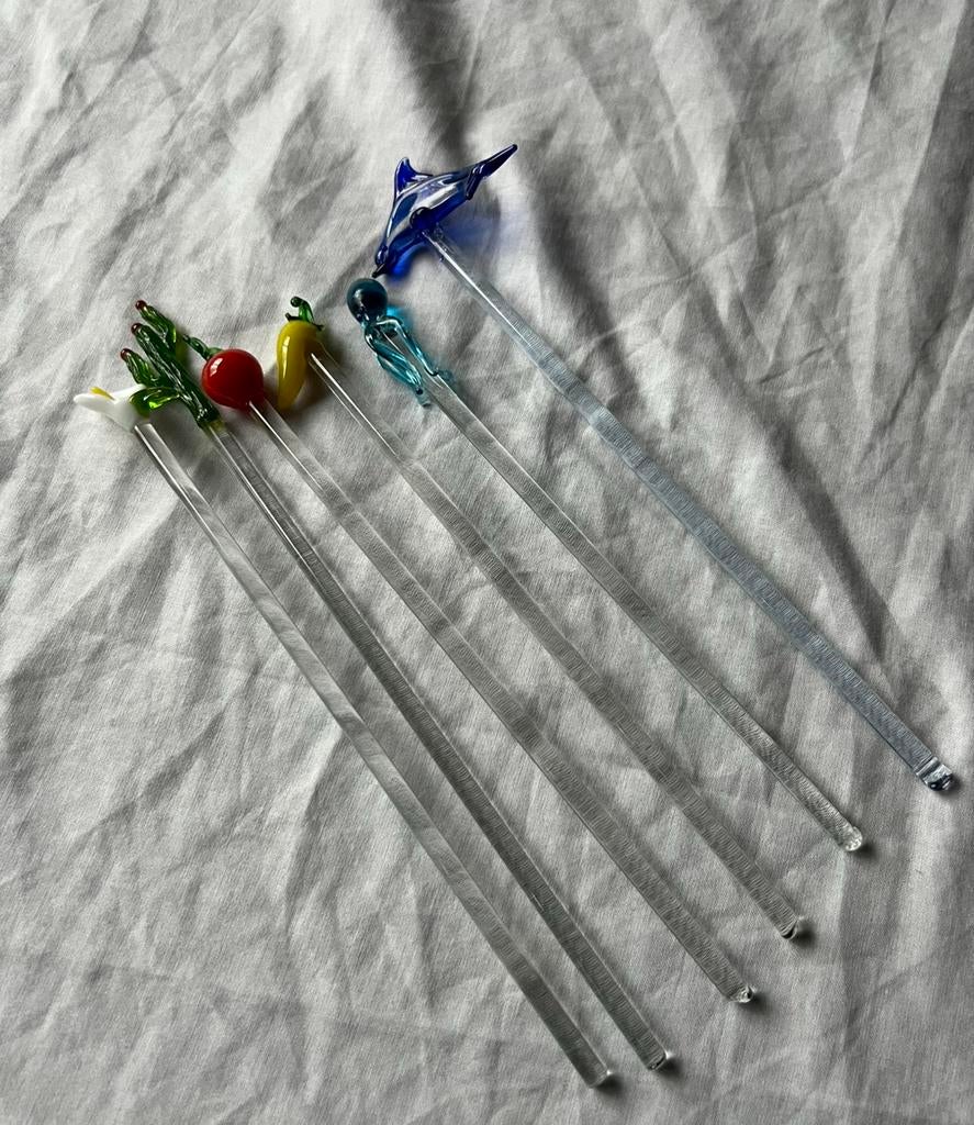 Vintage glazen roerstokjes handgemaakte figuurtjes set van 6, Huis en Inrichting, Ophalen, Glas, Overige stijlen, Overige typen