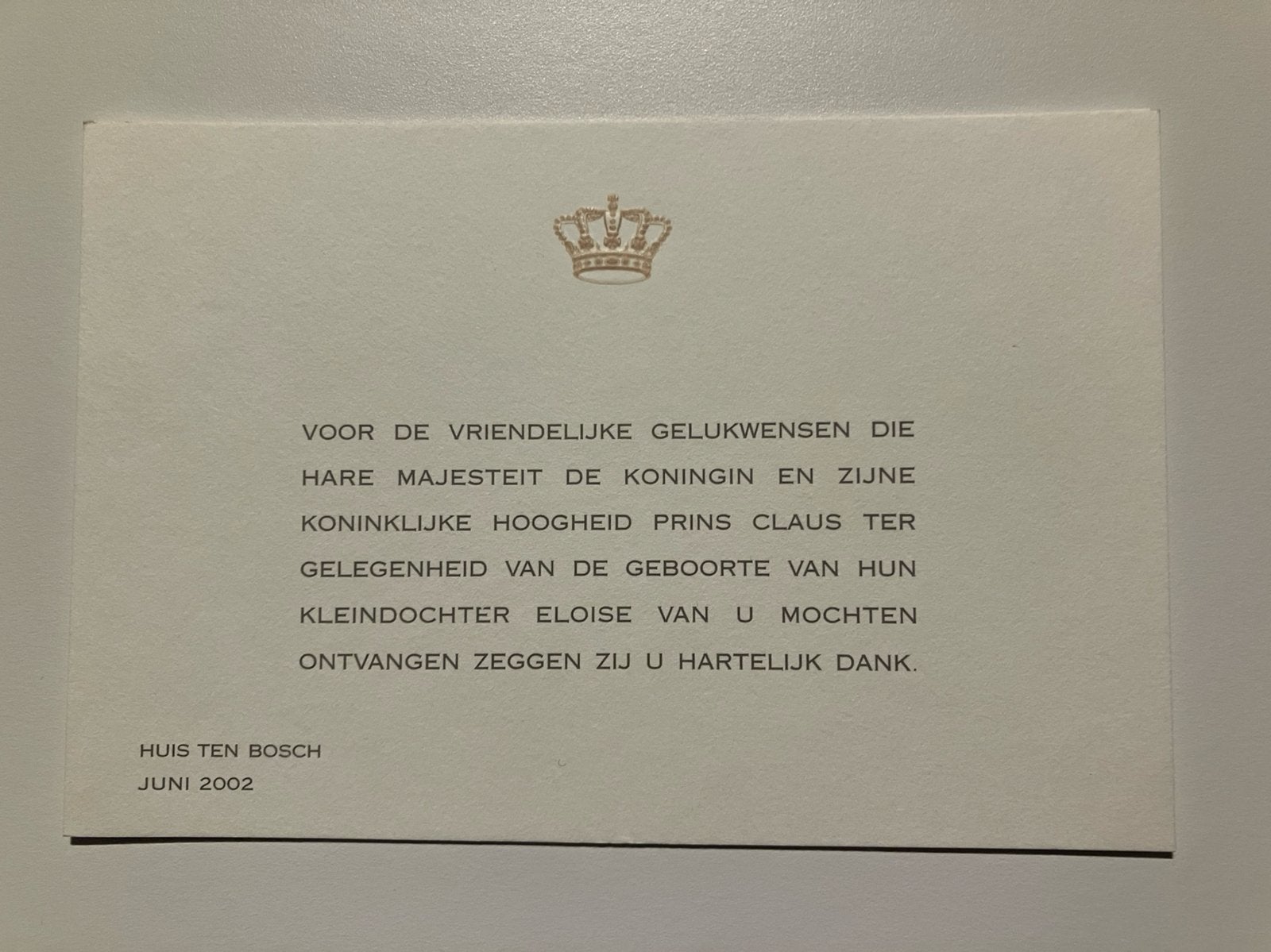 Geboorte kleindochter Eloise, Beatrix en Claus, Verzamelen, Ophalen of Verzenden, Zo goed als nieuw, Kaart, Foto of Prent