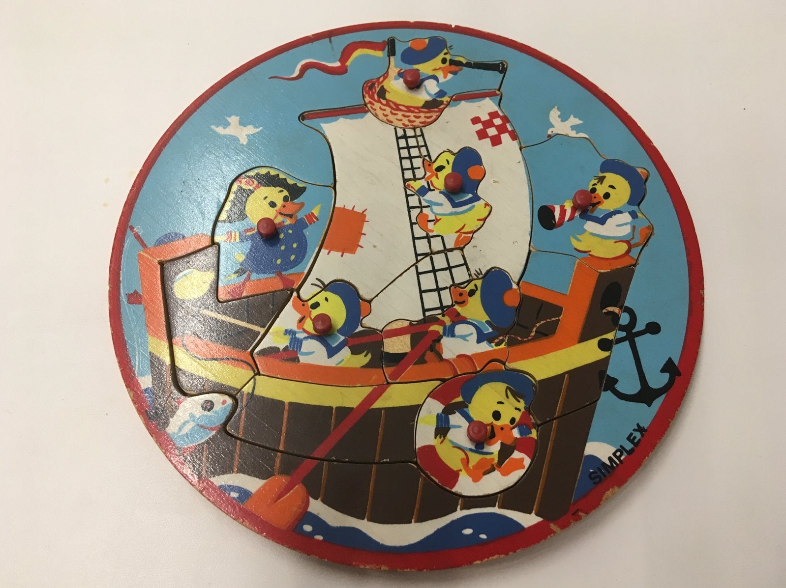 Simplex houten puzzel met eendjes op een boot, vintage, 2 tot 4 jaar, Gebruikt, 10 tot 50 stukjes, Ophalen of Verzenden