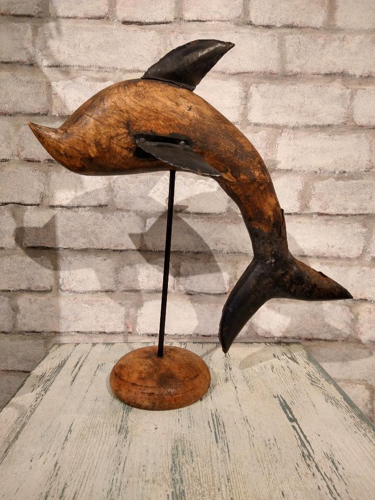 Houten vis met metalen delen, Gebruikt, 40 cm, Meerkleurig, Decoratieobject