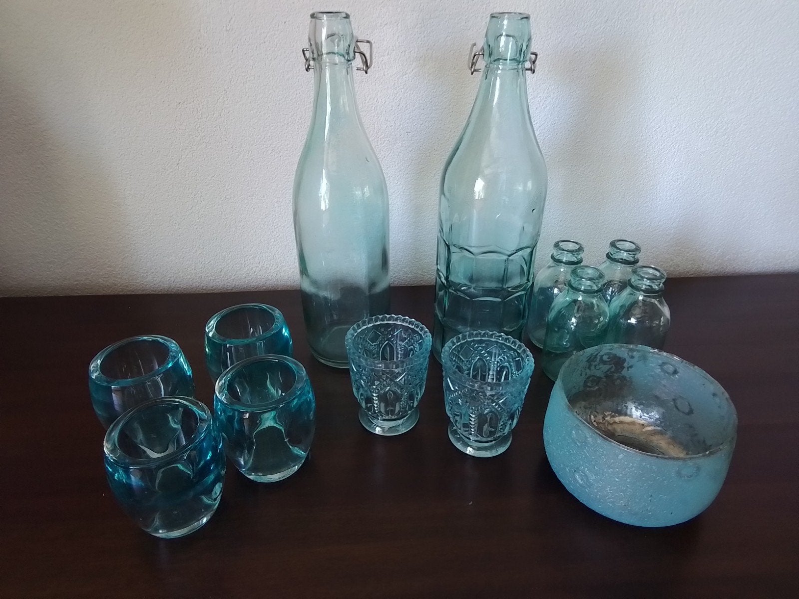 Blauwe woonaccessoires  waxinelichthouders - blauwe flessen, Huis en Inrichting, Glas, Ophalen, Gebruikt