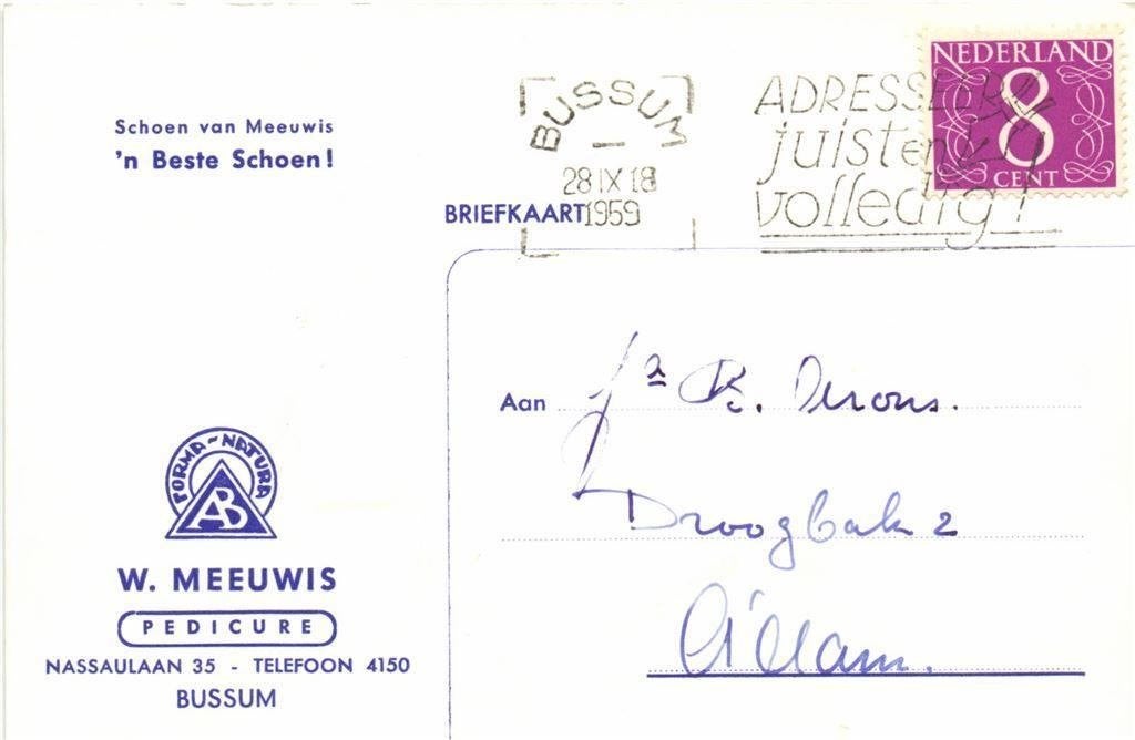 W. Meeuwis, pedicure, Bussum - 09.1959 - briefkaart, Ophalen of Verzenden, Briefkaart