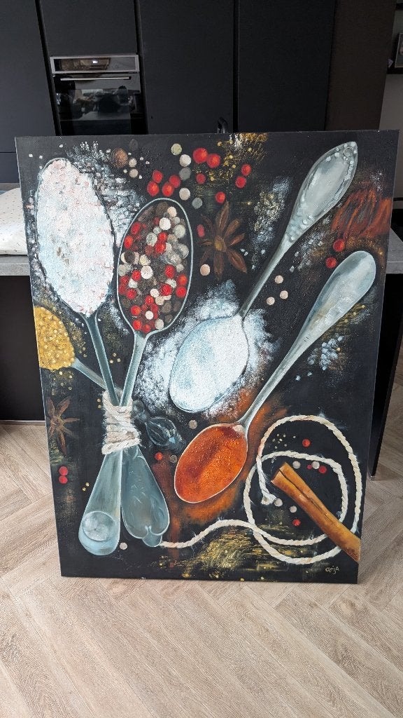 Schilderij met specerijen 140x100, Ophalen, Doek, Handgeschilderd, Olieverf