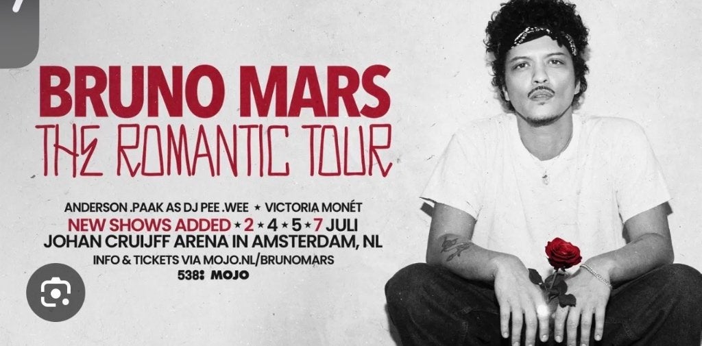 Bruno mars goldencircle ticket romantictour 05/07 amsterdam, Eén persoon, Juli