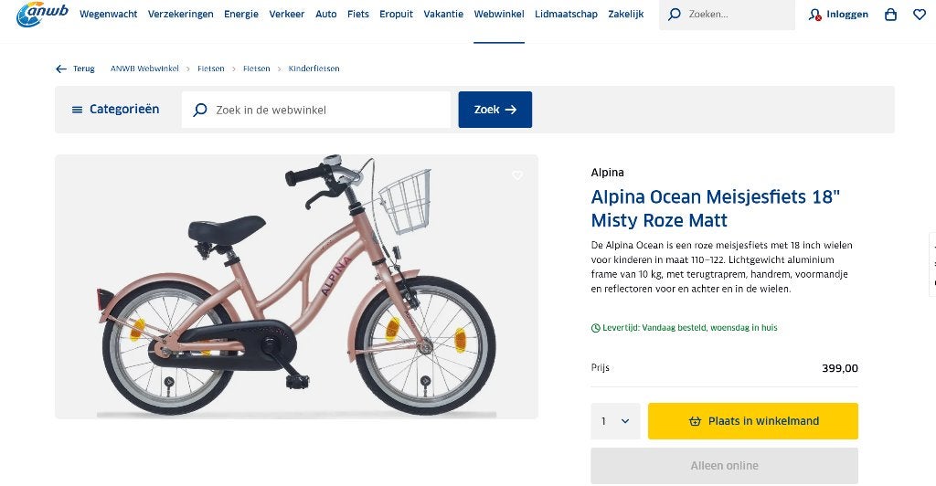 Alpina Ocean Meisjesfiets 18" Misty Roze / Pink Matt, Fietsen en Brommers, Fietsen | Meisjes, Ophalen, Terugtraprem, Alpina, Nieuw