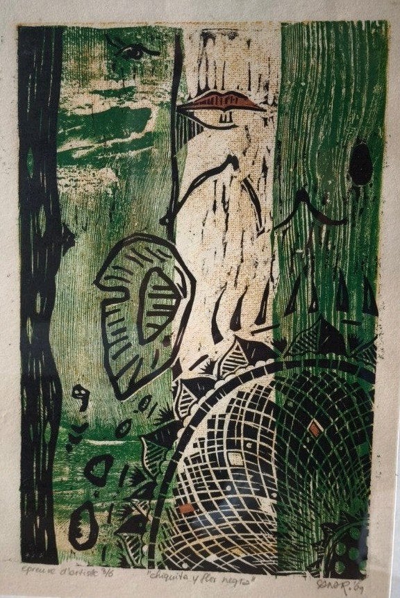 Houtsnede 'Chiquita y flor negra' - Gesigneerd, 1950 - 1999, Ophalen of Verzenden, Houtsnede, Genummerd