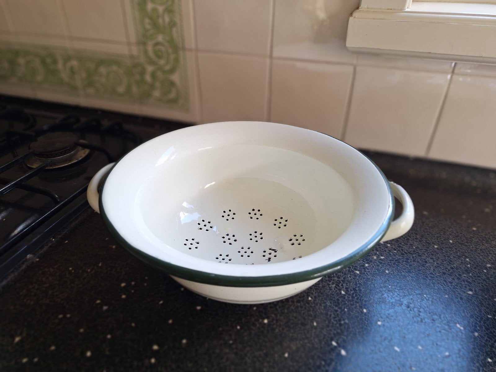 Emaille vergiet creme met groene rand, Ophalen of Verzenden