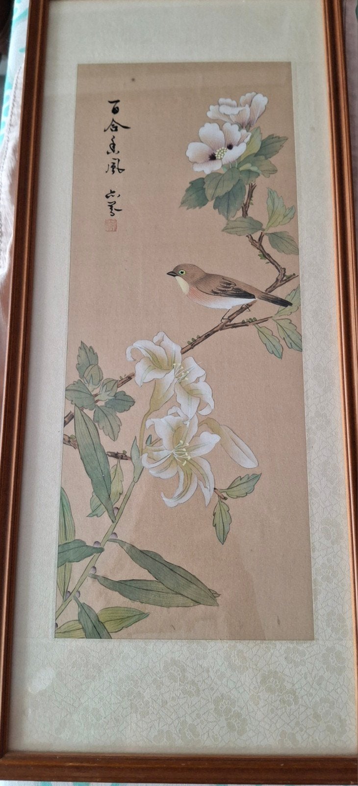 Oosters schilderij met bloemen en vogel, ingelijst, Ophalen of Verzenden, Overige stijlen, Achter glas, Overige onderwerpen
