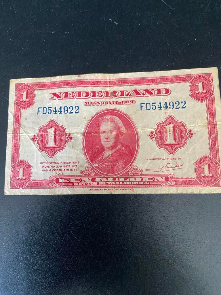1 Gulden Wilhelmina biljet 1943 - Oorlogsgeld, Postzegels en Munten, Bankbiljetten | Nederland, Los biljet, 1 gulden, Ophalen of Verzenden
