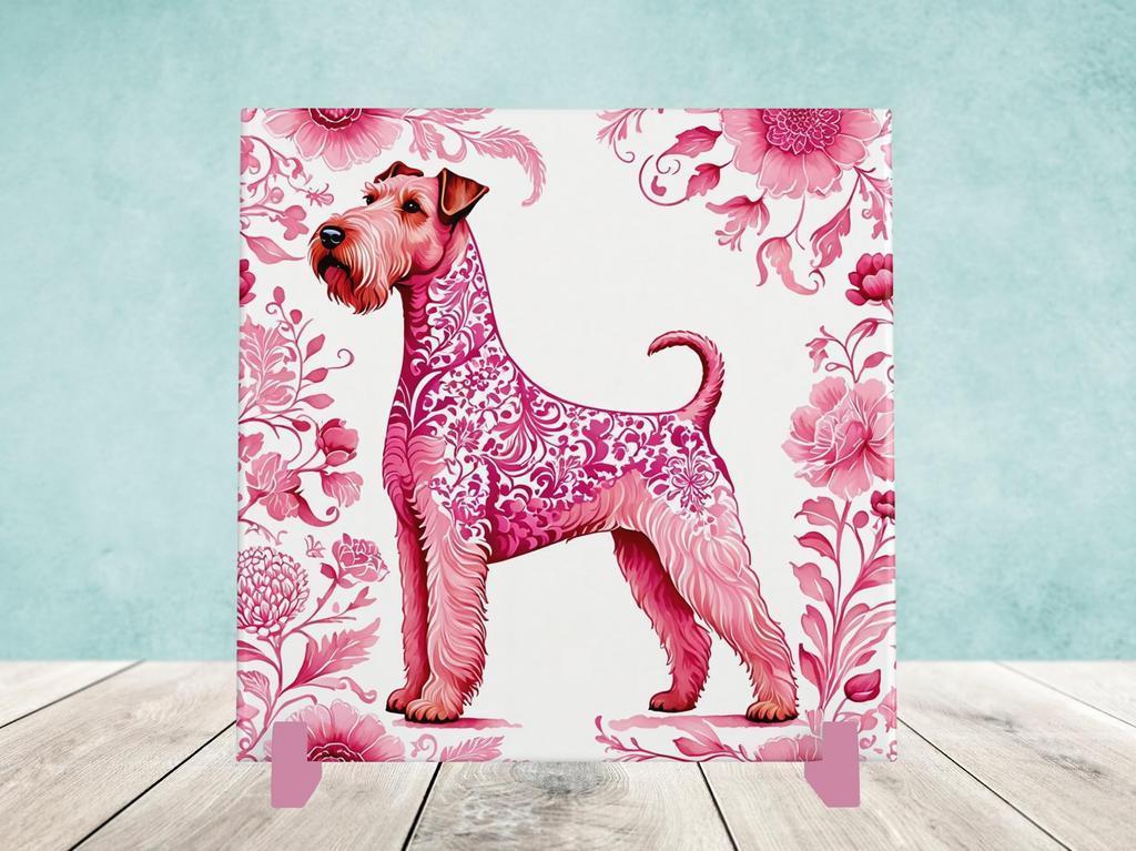 Airedale Terriër Delfts Roze tegel incl houder, Ophalen of Verzenden, Nieuw