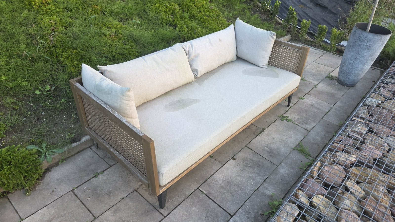 Meranti buitenbankje - All weather kussens, Tuin en Terras, Ophalen, Gebruikt, 3 zitplaatsen, Loungeset