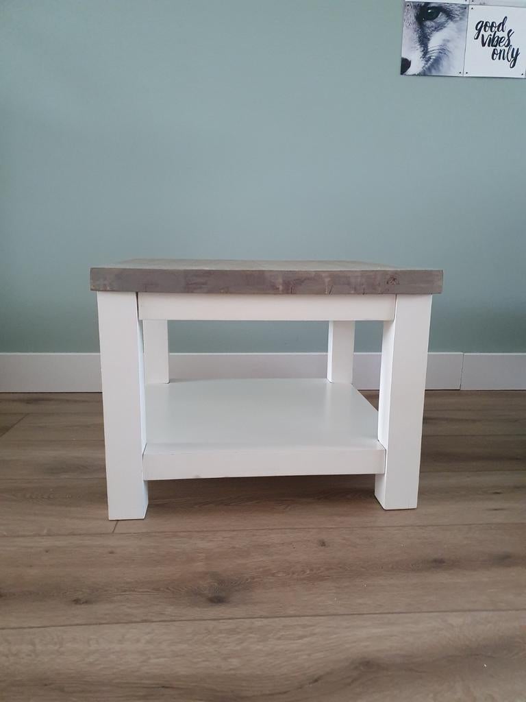 Bijzettafel salontafel wit met hout 60x60, 45 tot 60 cm, Gebruikt, Vierkant, Landelijk
