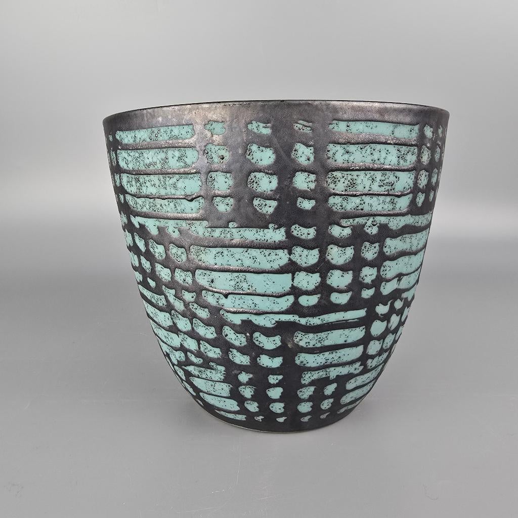 Vintage West-Duitse Fat Lava bloempot Carstens  blauw grijs, Ophalen of Verzenden
