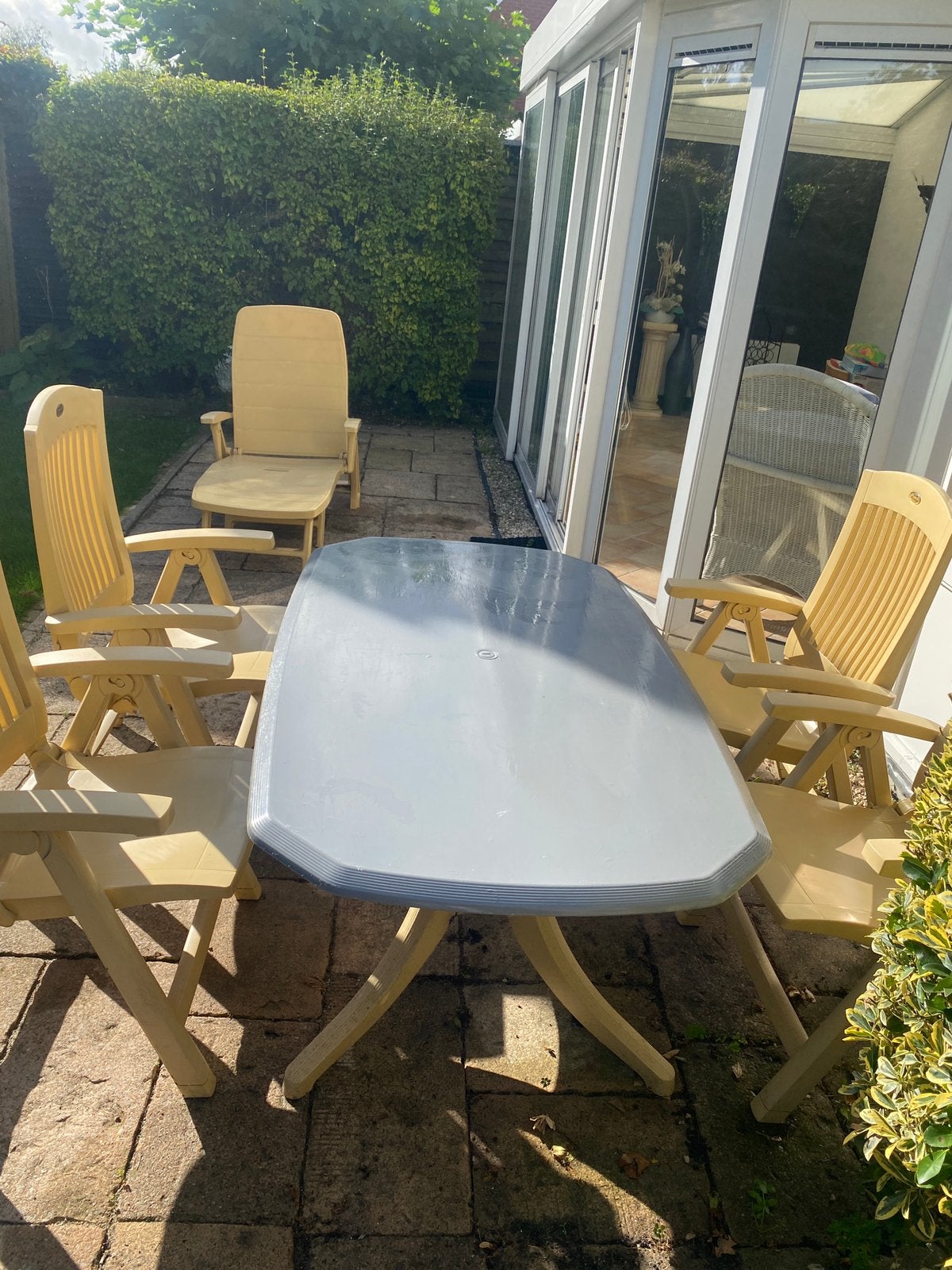 Hartman Set: Ligbed op wielen + 4 Stoelen met Kussens, Ophalen, Gebruikt, Kunststof, Tuinset