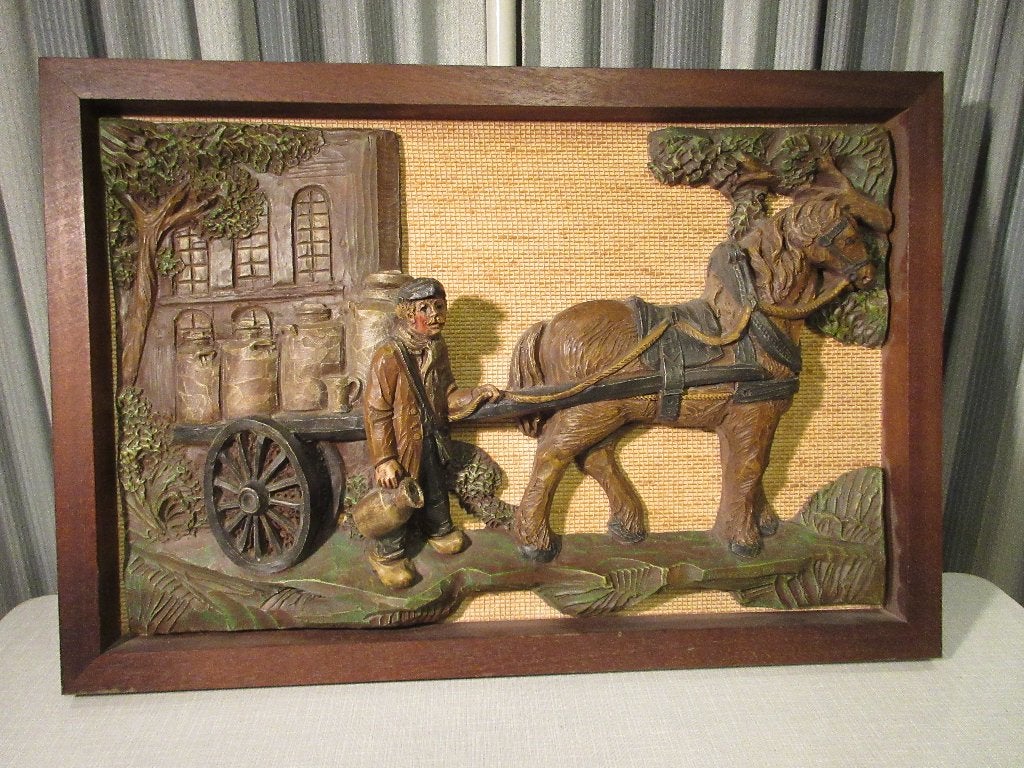 Antieke wanddecoratie  melkboer met paard en wagen, Ophalen
