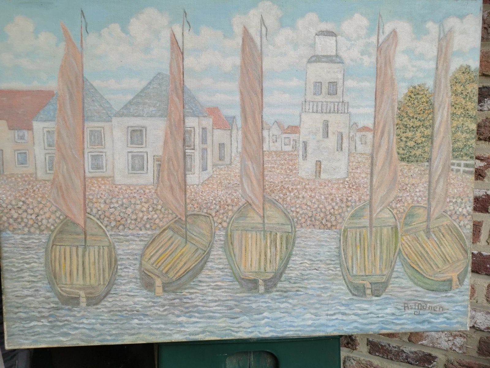 Schilderij: Vissersboten aan de kust met vuurtoren, Antiek en Kunst, Ophalen
