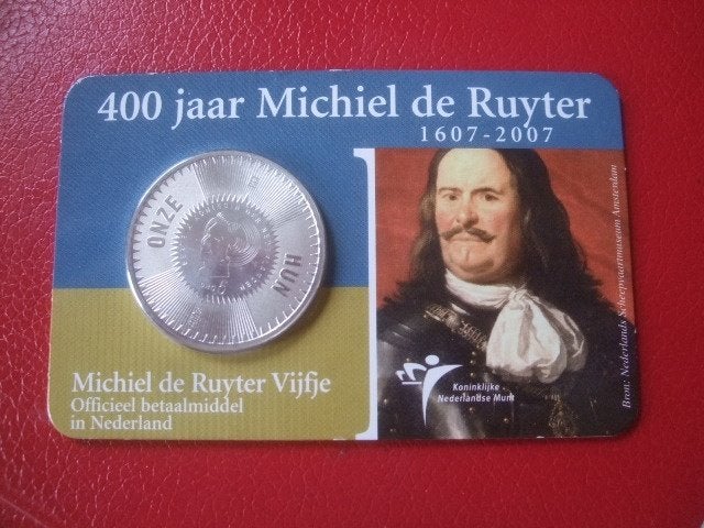 Coincard zilver 5 euro 400 jaar Michiel de Ruyter, Verzenden, Koningin Beatrix, Euro's, Zilver