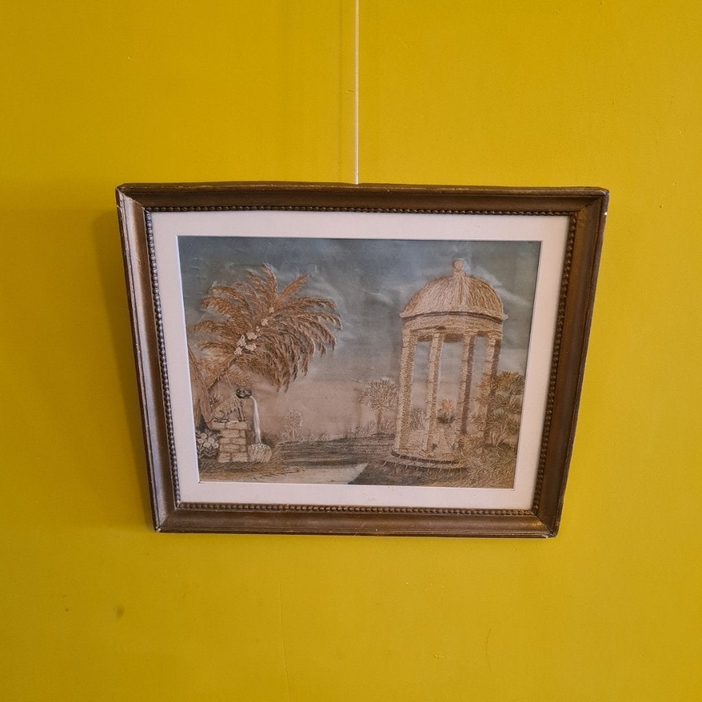 Frans zijden borduurwerk met een tempel, 18e eeuw, Ophalen of Verzenden