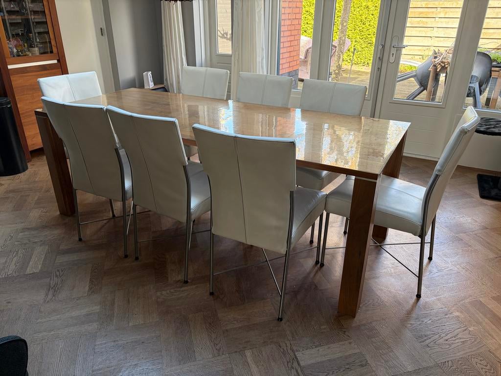 8 lederen eetkamer stoelen Bert Plantagie, Ophalen, Gebruikt, Wit, Leer