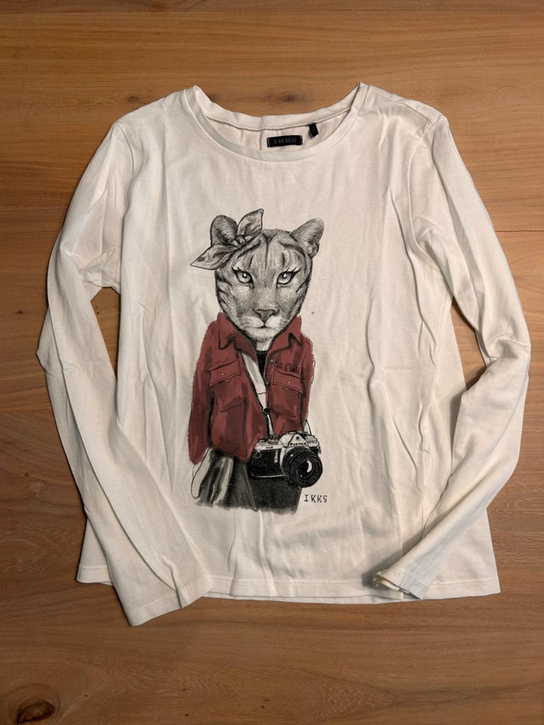 IKKS longsleeve wit met panter- maat 140, Ophalen of Verzenden, Zo goed als nieuw, Meisje, Shirt of Longsleeve
