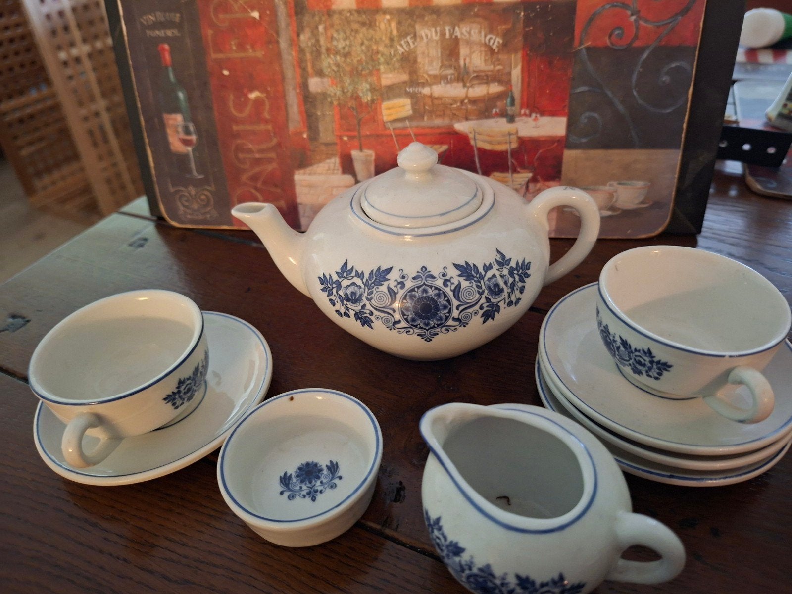 Vintage theeservies met blauw bloemmotief, Gebruikt, Keramiek, Vintage, Ophalen of Verzenden