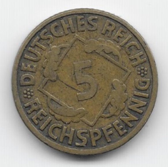 Duitse Rijk 5 reichspfennig 1924 (J) KM# 39, Verzenden, Duitsland, Losse munt